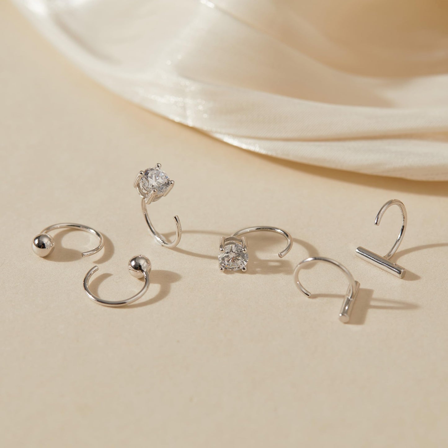Half Hoop Earrings Set 925 Sterling Silver Bar Huggie Earrings Little Ball Huggie Hoops Cubic Zirconia Hugger Hoop Earrings for Women Open Hoop Earrings 3 pairs