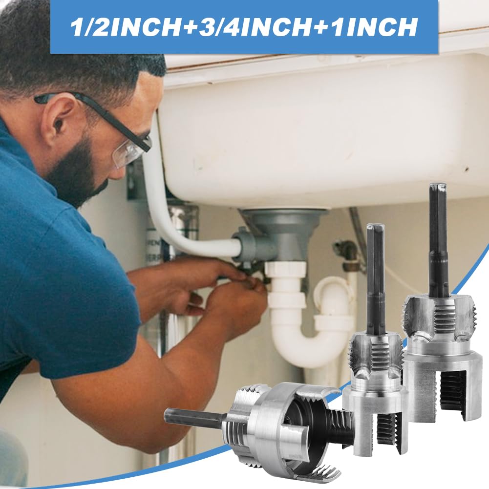 3Pcs Pipe Threading Tool,PVC Pipe Threader Kit,Dual-Function Internal & External Pipes Threading Tool for 1/2",3/4",1" Plastic Pipes,with 2 rolls PTFE Tape & 1 pair Gloves,for Home Repair