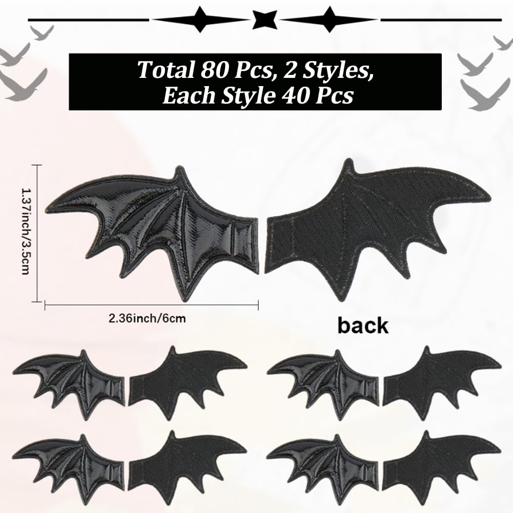 CALFOVERA 80Pcs Black Leather Bat Wing PU Leather Mini Devil Wing Applique Realistic Spooky Bats Embellishment for DIY Clothes Costume Hair Accessories Halloween Party Decorations Party Favors