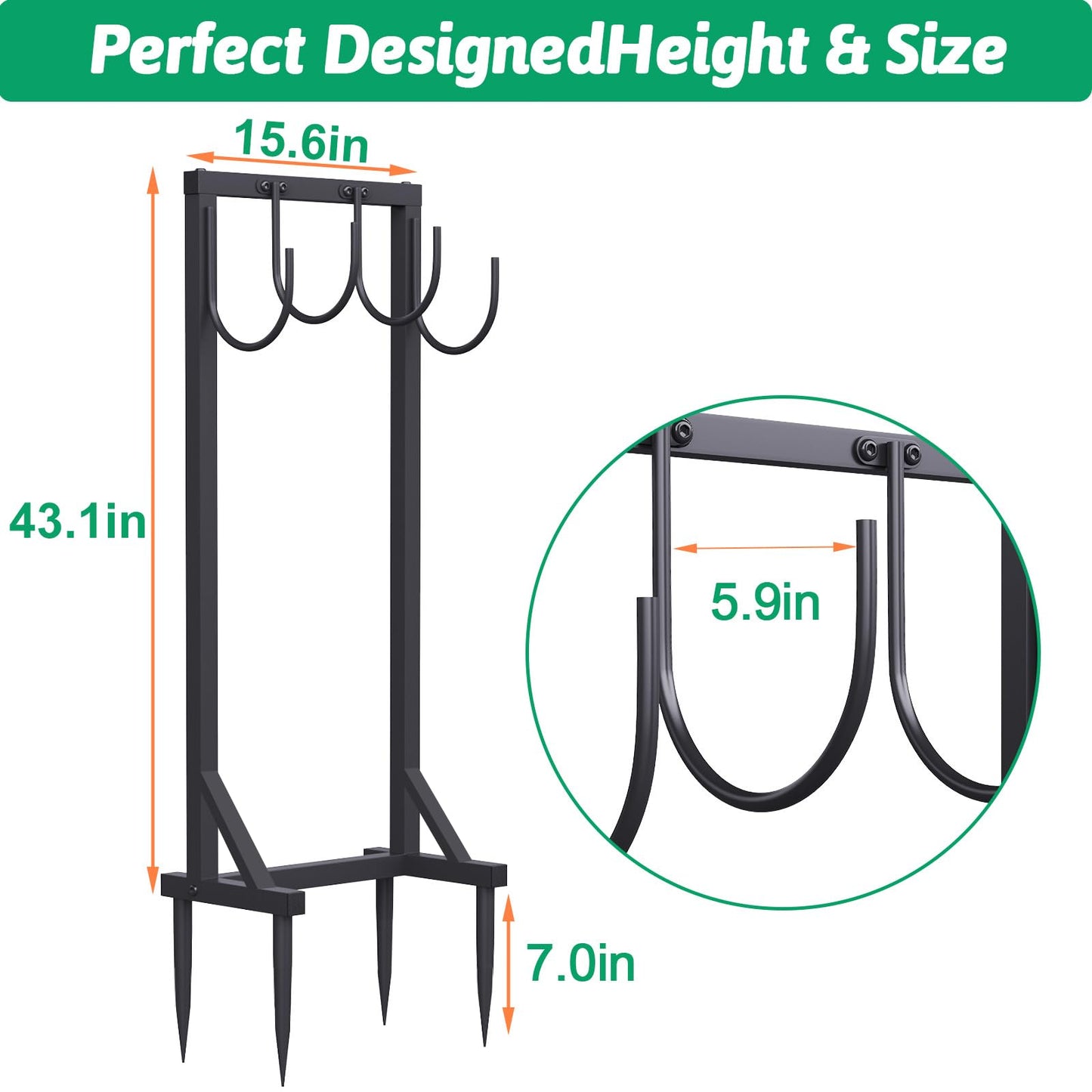 Heavy Duty Garden Hose Holder – 4-Hook Outdoor Water Hose Holder with 4 Reinforcing Spikes, Durable Hose Holder Organizer for Yard & Lawn