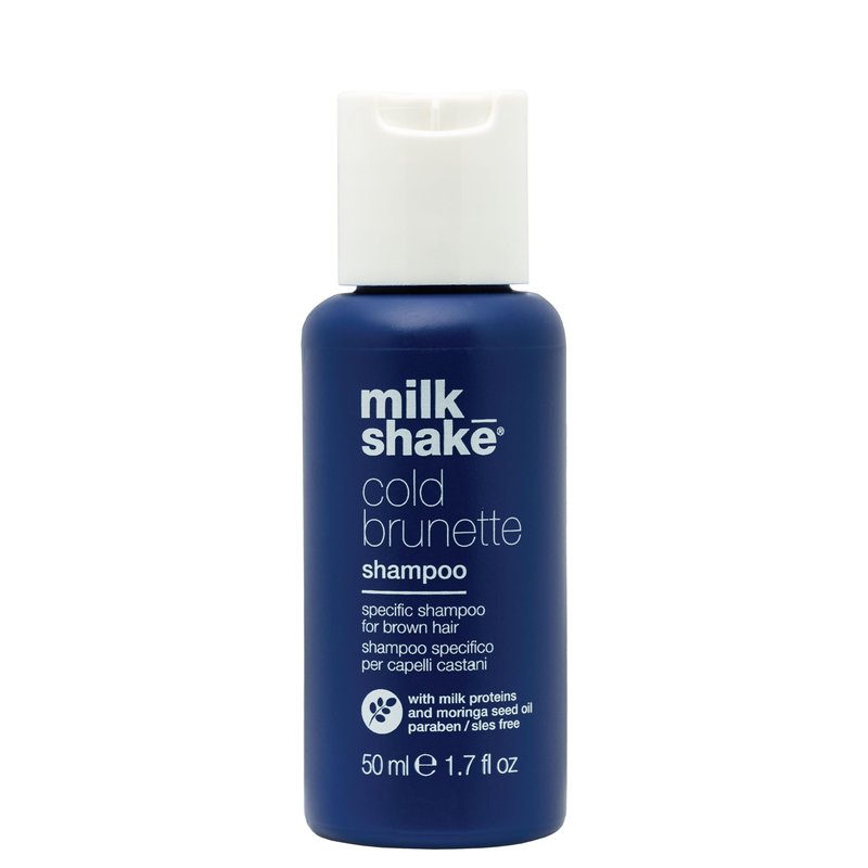 milk_shake cold brunette shampoo | toning shampoo with blue pigment to neutralize orange and red in brunette hair | strengthens, boosts shine, and extends color | SLS/SLES-free