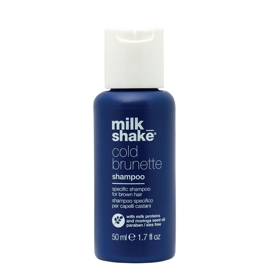 milk_shake cold brunette shampoo | toning shampoo with blue pigment to neutralize orange and red in brunette hair | strengthens, boosts shine, and extends color | SLS/SLES-free