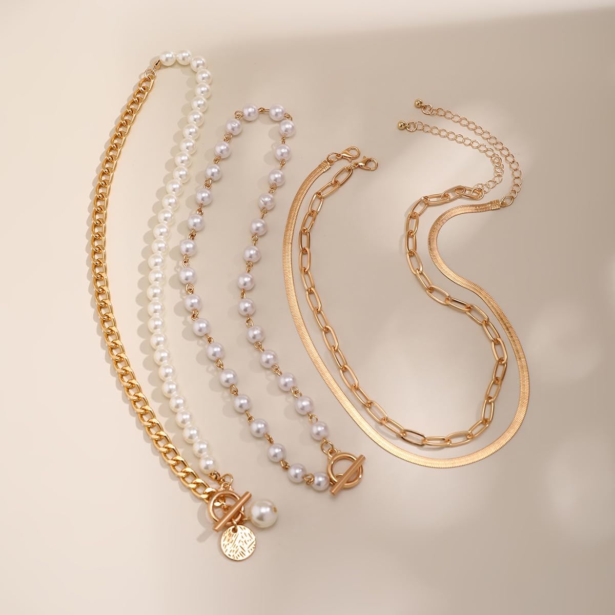 4 PCS Layered Gold Necklace for Women Chunky Gold Necklace Stack Paperclip Chain Pearl Necklace Herringbone Choker Necklace Fashion Jewelry Gifts