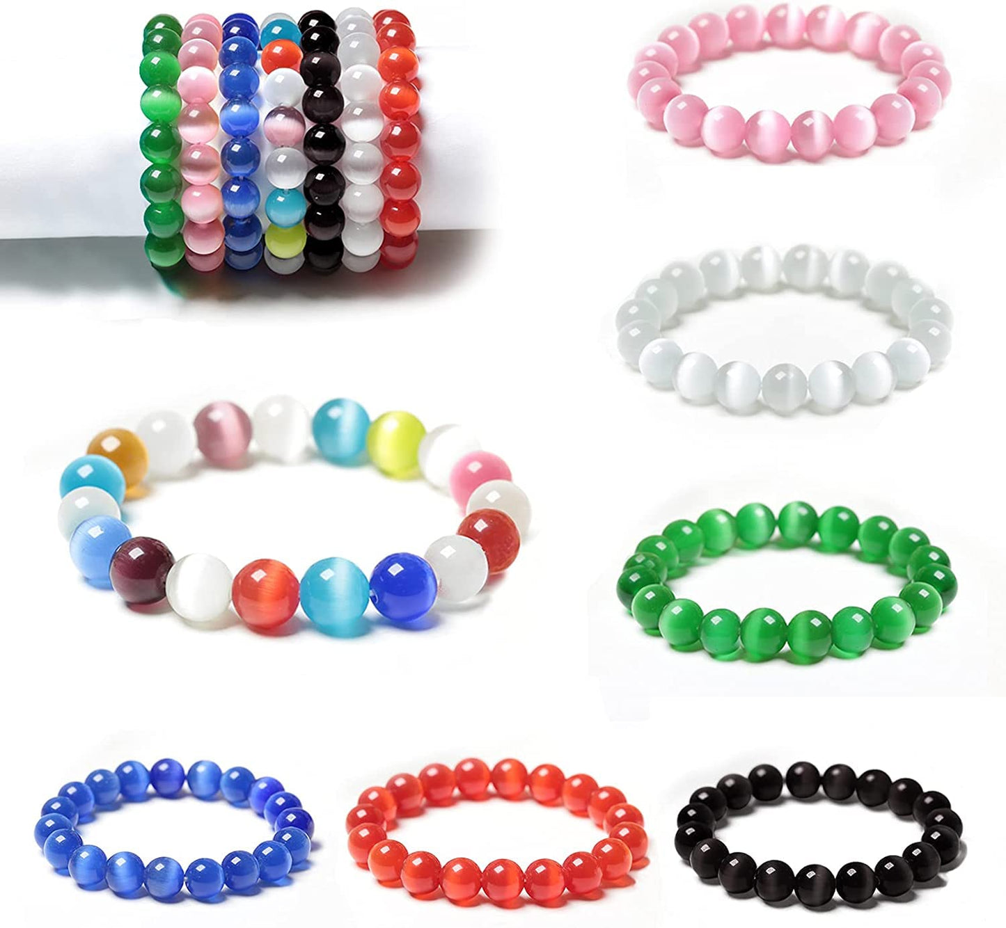 HAAMIIQII 8mm Light Blue Cat Eye Glass Round Crystal Stone Loose Gemstone Beads for Jewelry Making Bracelets Necklaces Earrings Crafts (45-50pcs)