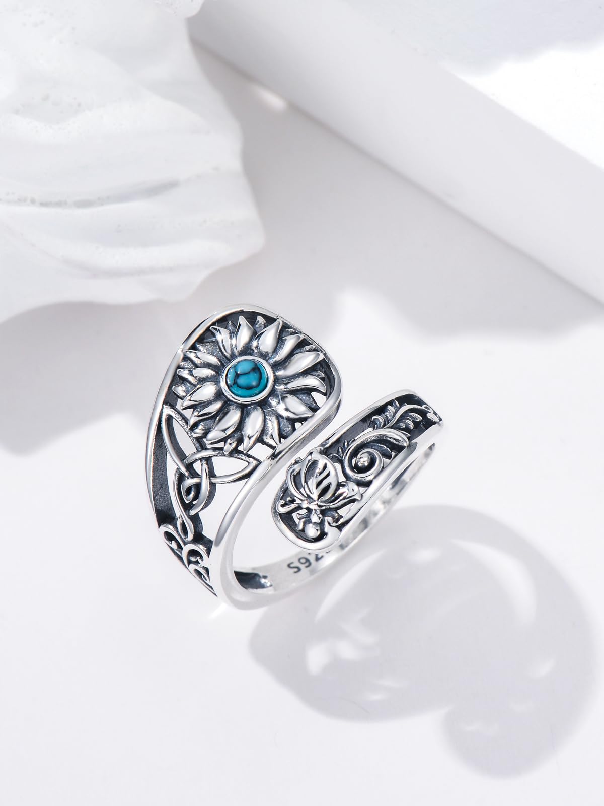 Midari Sunflower Spoon Rings for Women Sterling Silver Sunflower Turquoise Adjustable Flower Rings Spoon Jewelry for Women Christmas Birthday Gifts(Customization)