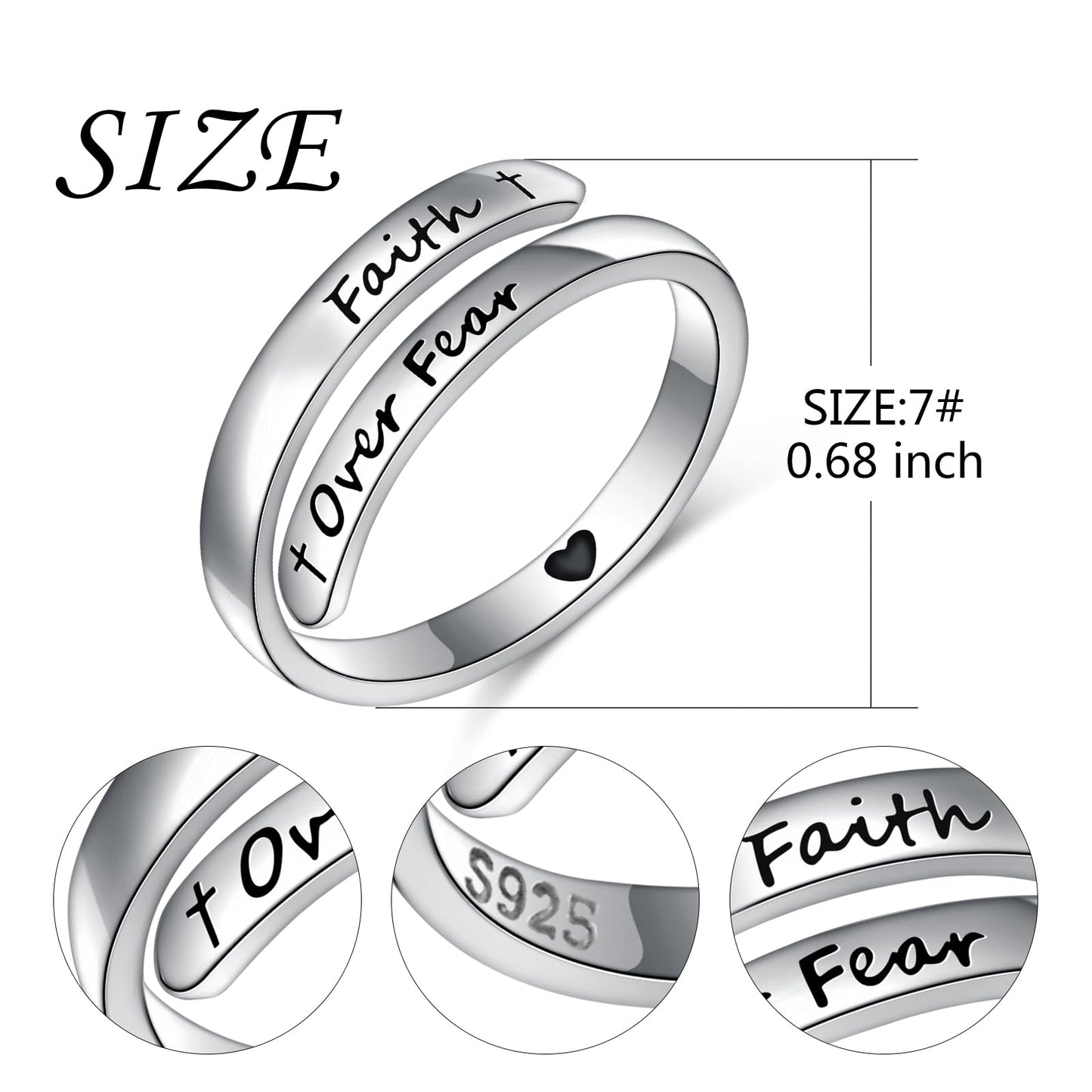 Ladytree Adjustable Inspirational Rings 925 Sterling Silver Faith Over Fear Cross Stacking Wrap Spiral Twist Statement Band Encouragement Gift Jewelry for Women Men(Faith Over Fear)