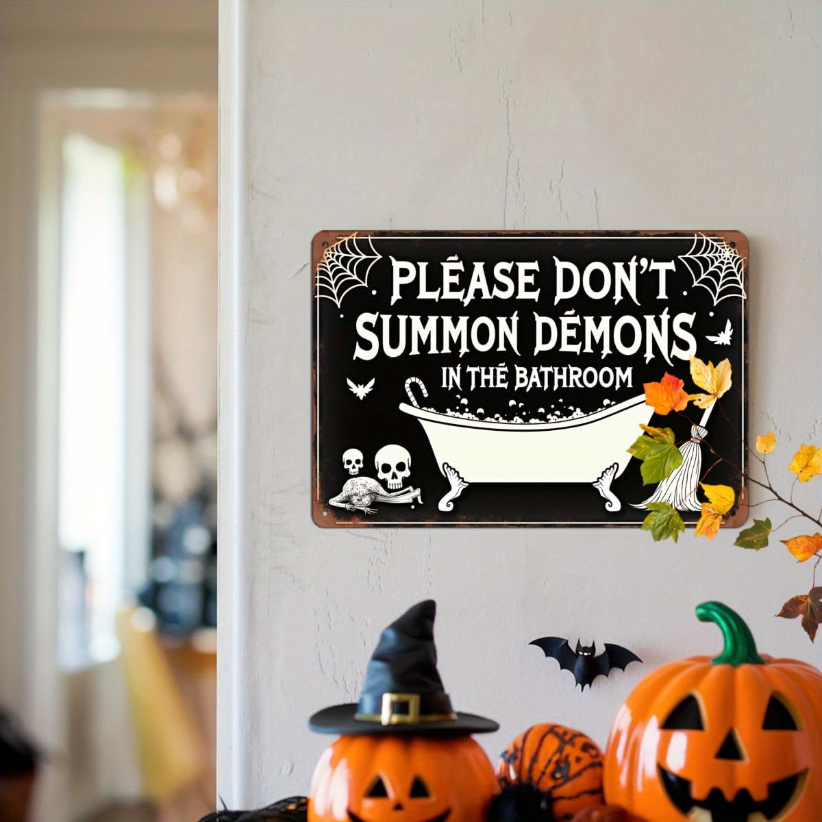 Please Don't Summon Demons in the Bathroom Halloween Retro Metal Tin Sign Wall Art Decor for Home Farmhouse Halloween Bathroom Party 8x12 Inch