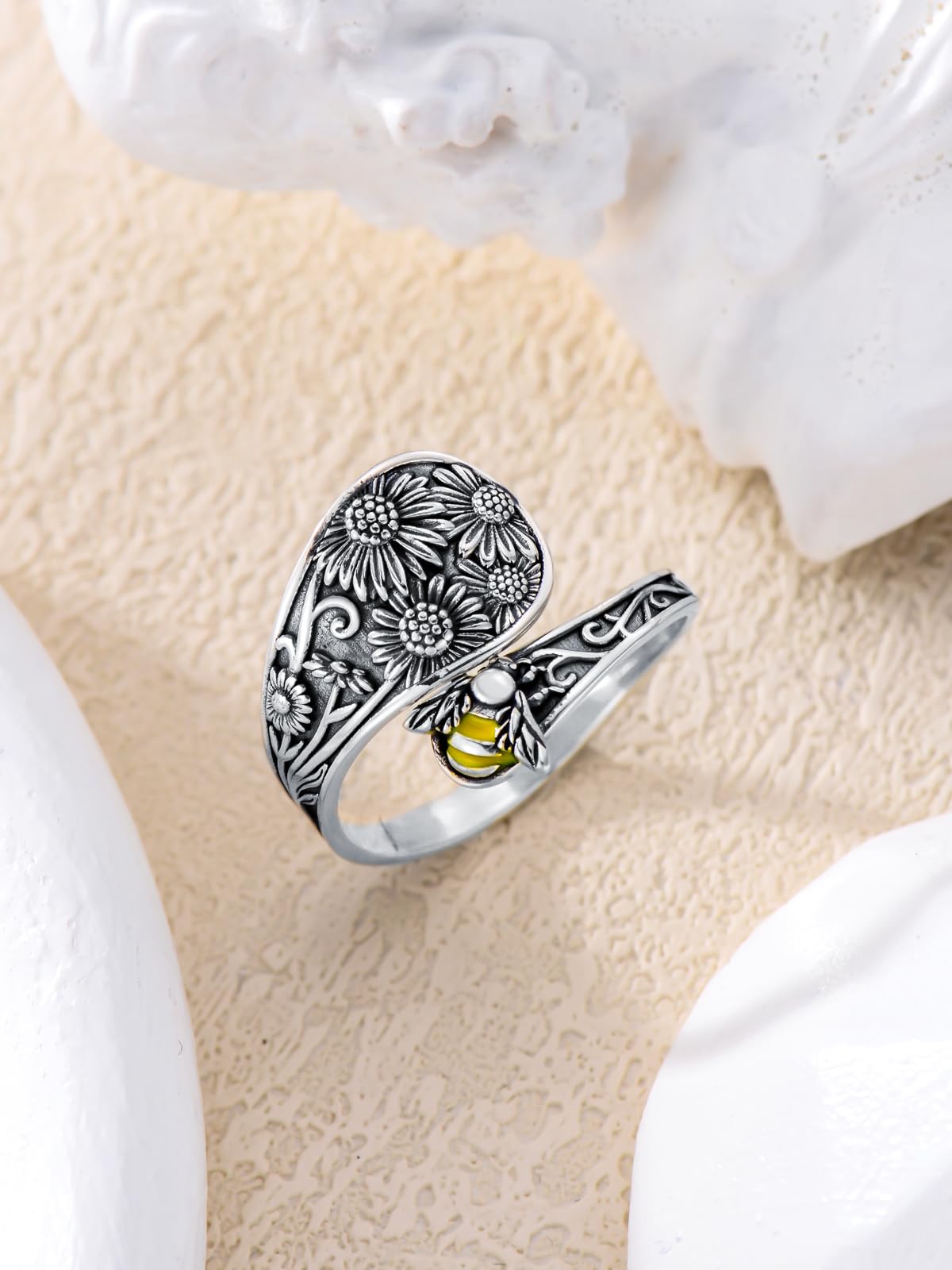 Midari Sunflower Bee Spoon Ring 925 Sterling Silver Sunflower Ring Bee Ring for Women Spoon Rings Adjustable Ring Flower Animal Jewelry Birthday Christmas Gifts for Women Daughter Wife