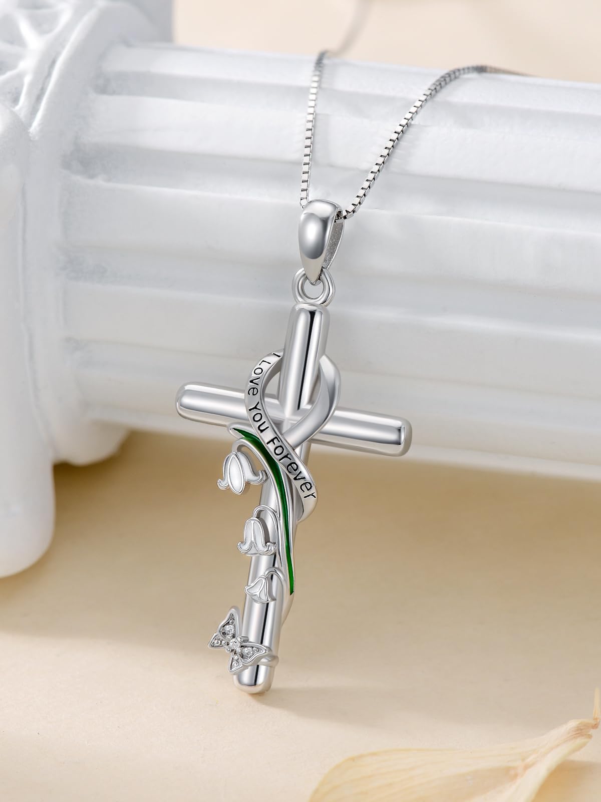 Flpruy Lily of the Valley Necklace 925 Sterling Silver May Cross Pendant Neckalce Lily of the Valley Jewelry Birth Month Flower Gifts for Women Her Mom