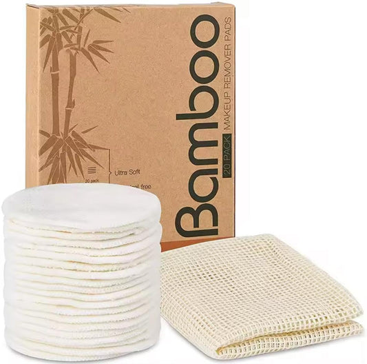 20 Packs Organic Reusable Makeup Remover Pads, Washable Bamboo Cotton Rounds for All Skin Types with Cotton Laundry Bag