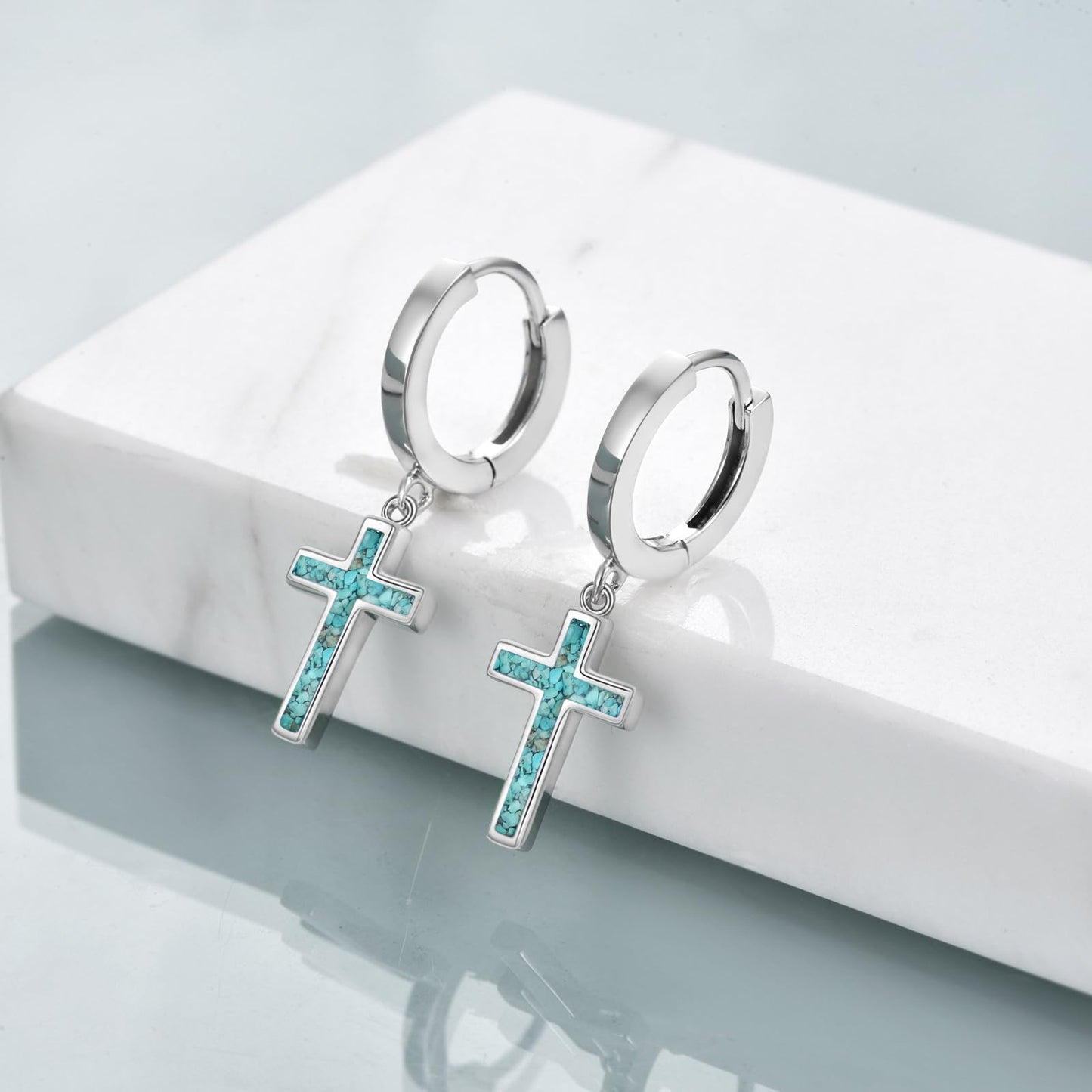 925 Sterling Silver Cross Hoop Earrings Turquoise Dangle Drop Earrings Huggie Jewelry Birthday Gifts for Women (Turquoise Cross)