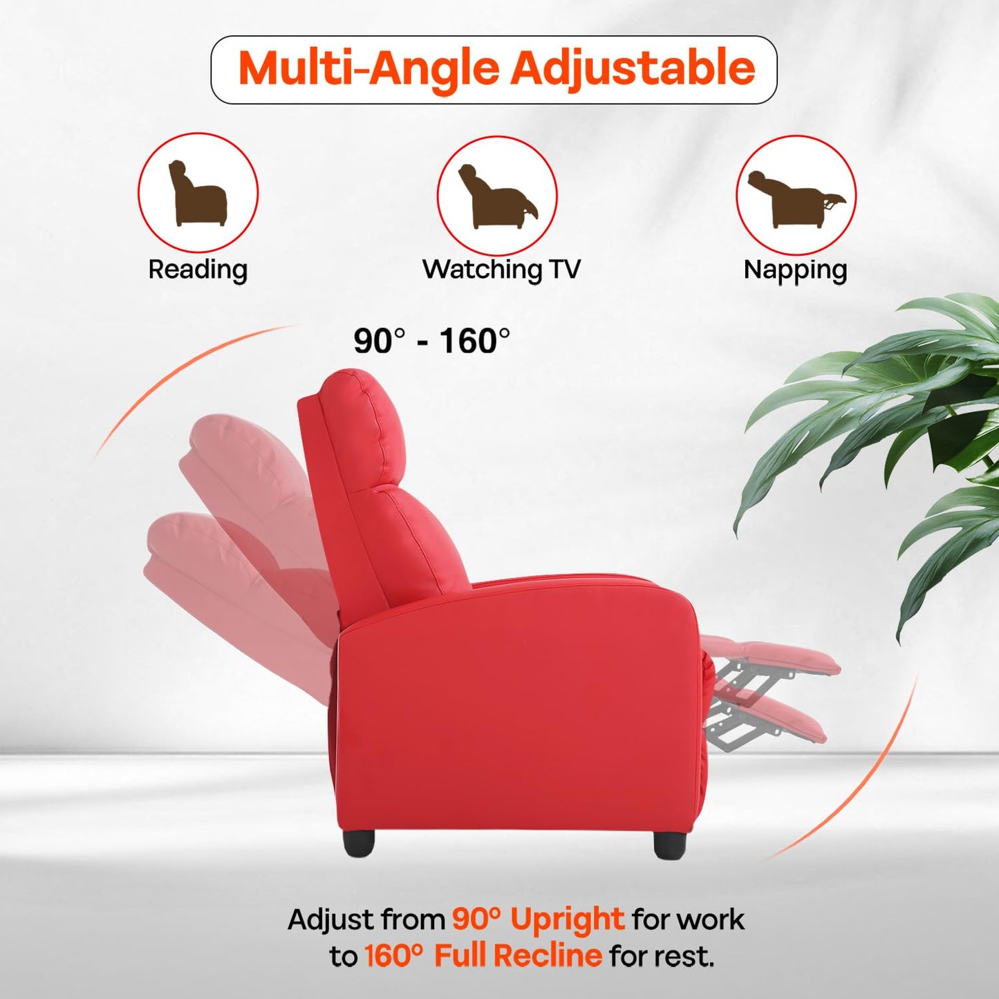 Dopinmin Recliner Chair PU Leather Massage Single Sofa Home Theater Seating Breathable Padded Reading Sofa with Footrest for Bedroom Living Room,Red
