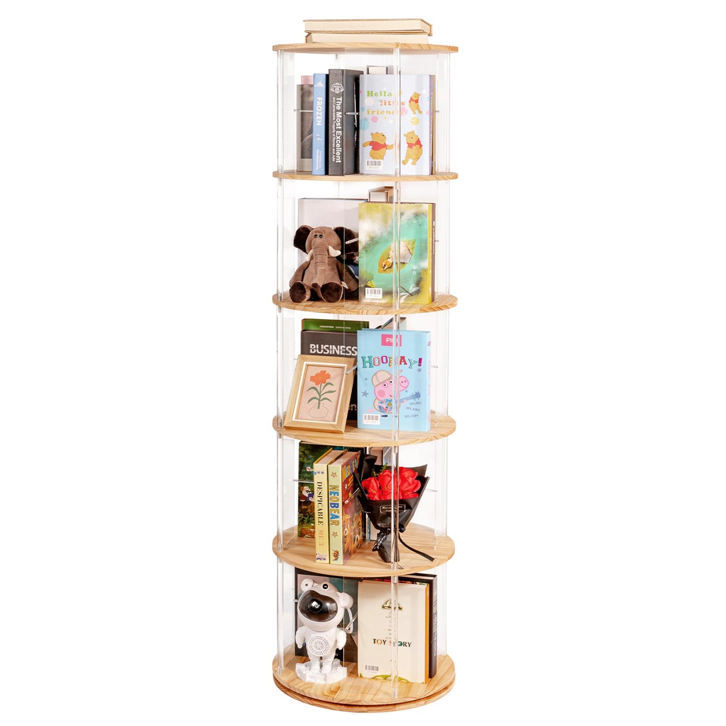 TAKEKIT 360° Rotating Bookshelf, 5-Tier Spinning Book Shelf Tower with Solid Wood & Clear Acrylic, Round Revolving Bookcase for Living Room, Bedroom and Office
