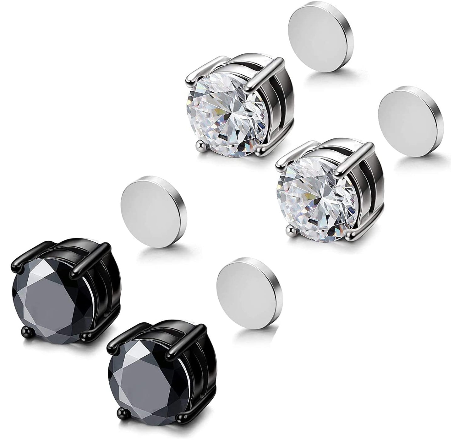 YZstyle 2 Pairs Stainless Steel Magnetic Stud Earrings for Men Women Non-piercing CZ Clip on CZ Earrings Hypoallergenic(Black + Silver)6MM-8MM (6MMBlack + Silver)