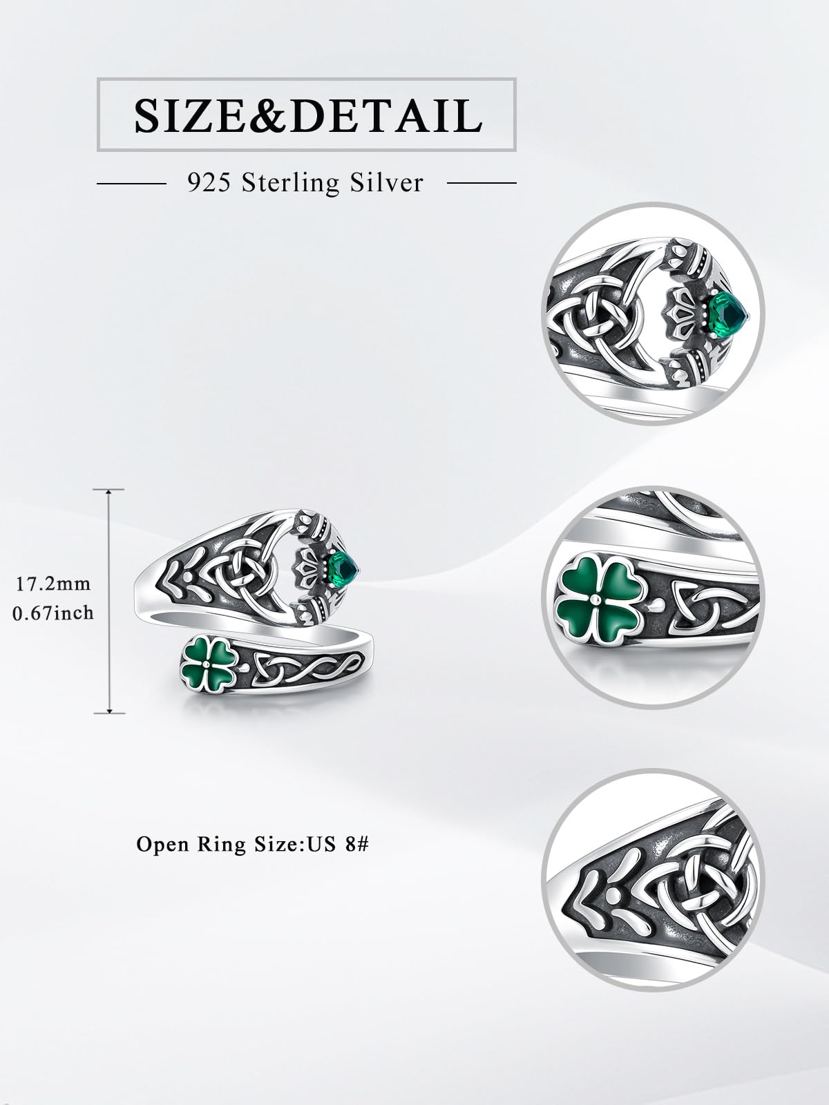 Midari Claddagh Rings for Women 925 Sterling Silver Adjustable Vintage Celtic Open Antique Spoon Rings Irish St Patricks Day Four Leaf Clover Jewelry Gifts for Women Men