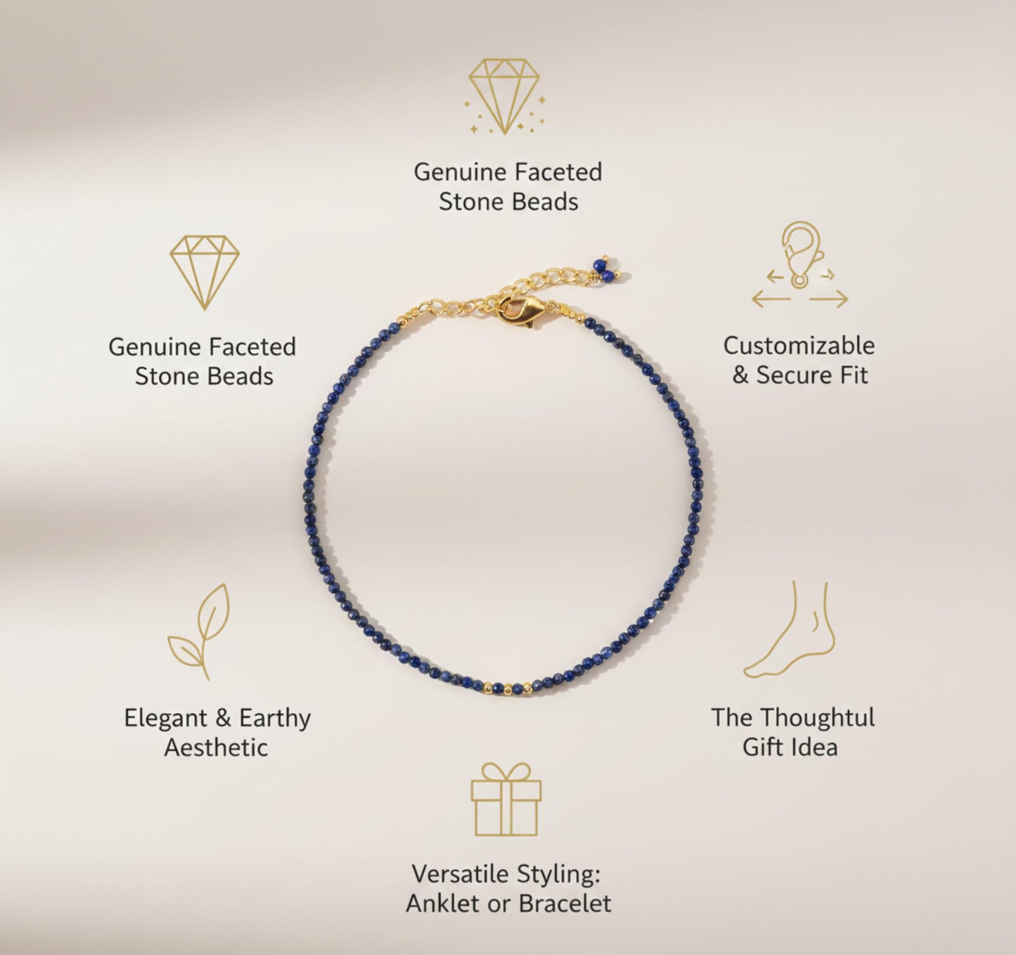 NJCRAFT Handmade Bohemian Gold Plated Lapis Lazuli Bracelet for Women – Adjustable 8 Inch Dainty Micro Faceted Gemstone Beaded Jewelry, Hypoallergenic Gift for Her