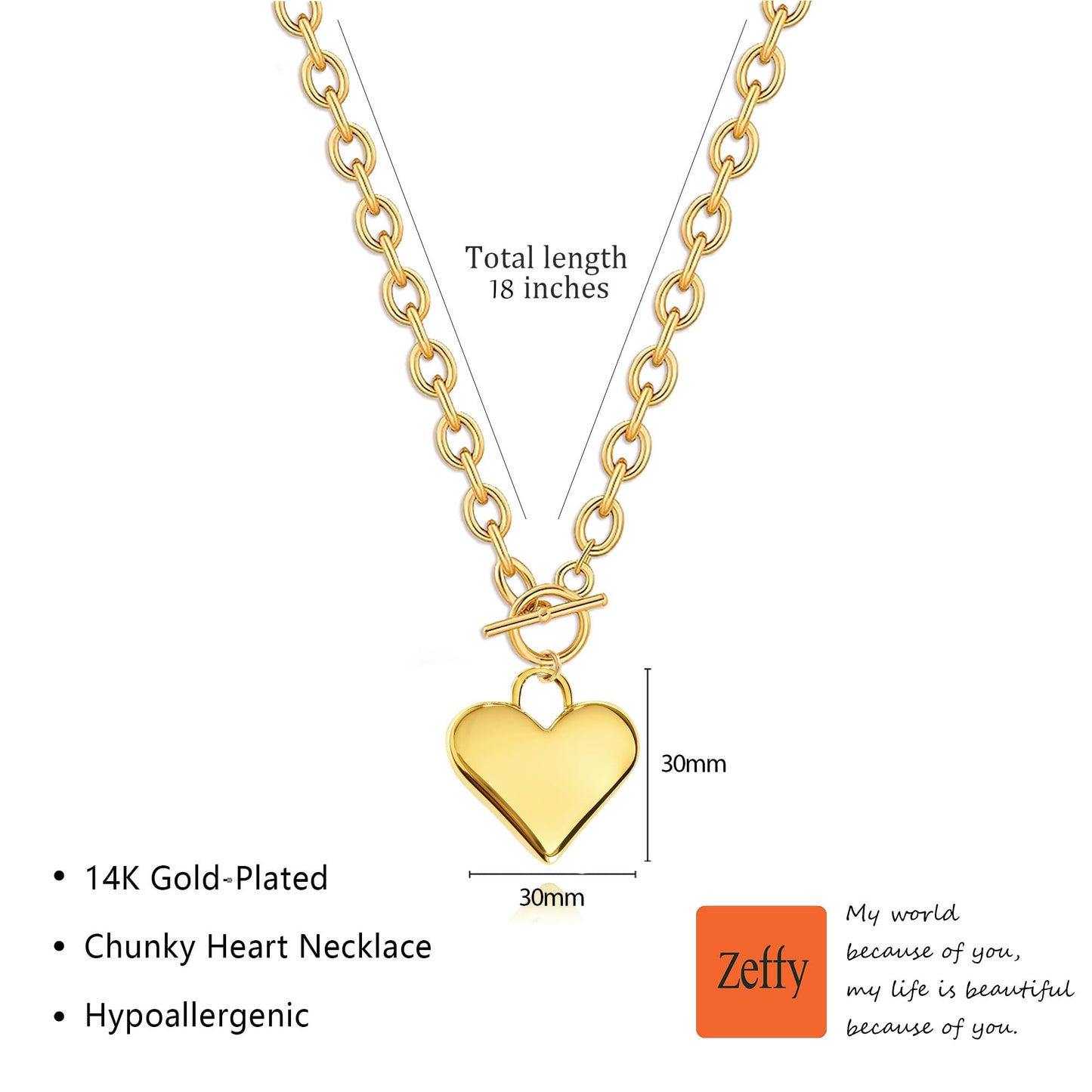 Zeffy Chunky Heart Necklace for Women Statement Heart Pendant Necklace 14K Gold Chunky Thick Chain Link Vintage Toggle Clasp Jewelry Gifts