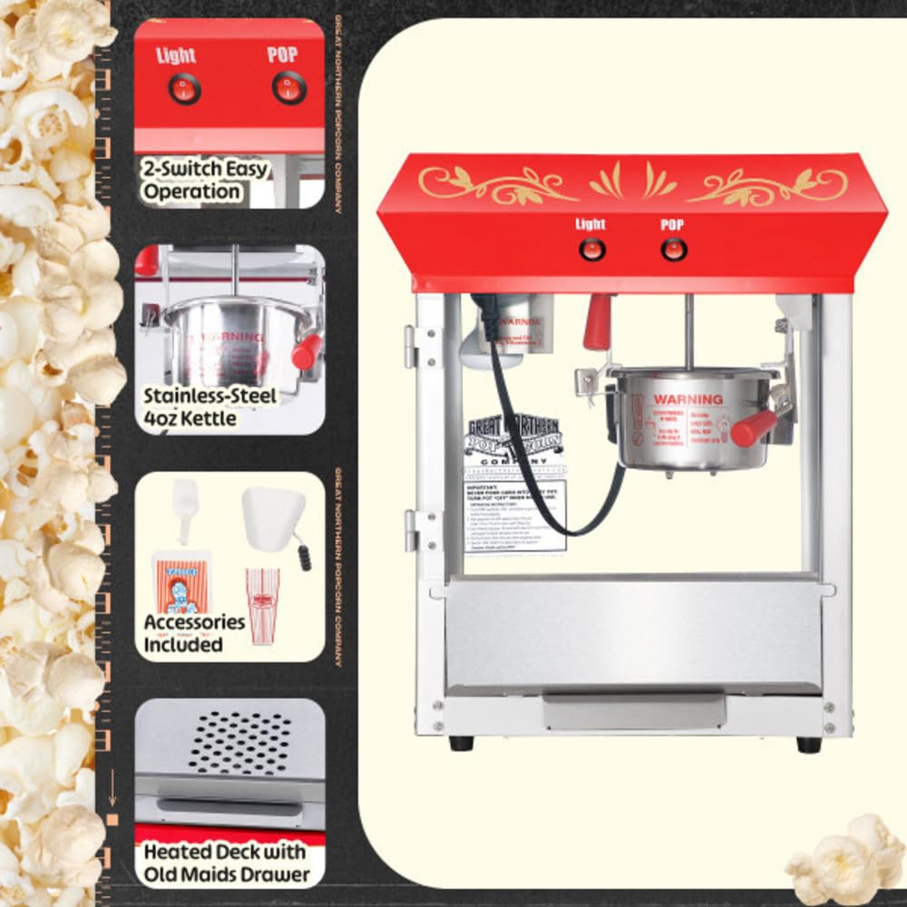 Popcorn Machine - 4oz Popper with Stainless-steel Kettle, Heated Warming Light, and Old Maids Drawer by Great Northern Popcorn (Red)