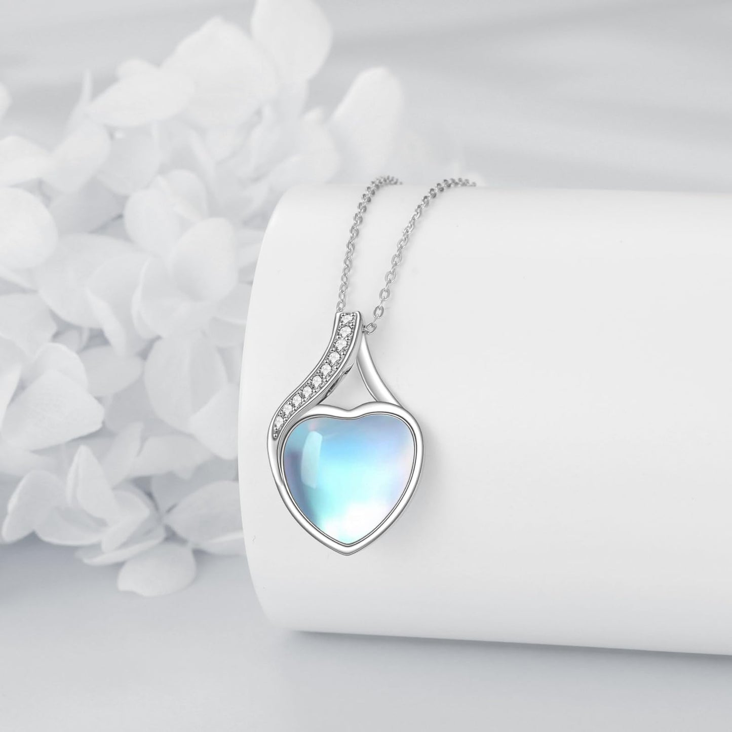 YAFEINI 925 Sterling Silver Moonstone Necklace Cubic Zirconia Heart Pendant Necklace Jewelry for Women (WW-Moonstone Cubic Zirconia Necklace)