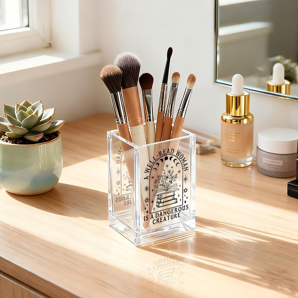 QYUVK A Well-read Woman Is A Dangerous Creature Acrylic Pencil Holder Cup, Funny Floral Books Desk Organizer for Book Lover Bookish Bookworms Readers, Women Empowerment Gifts for Mom Sister BFF