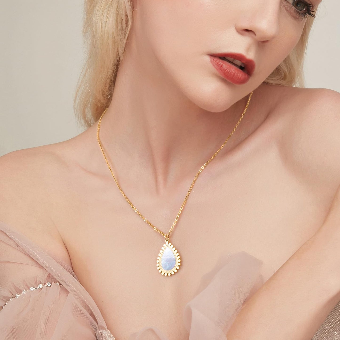 Milan Chiva 14K Gold Plated Mother of Pearl Stacked Necklace for Women, Dainty Trendy Non Tarnish Double Side Rectangle Pendant Charm Necklaces Fashion Jewelry for Women Waterproof MNS-1049GD