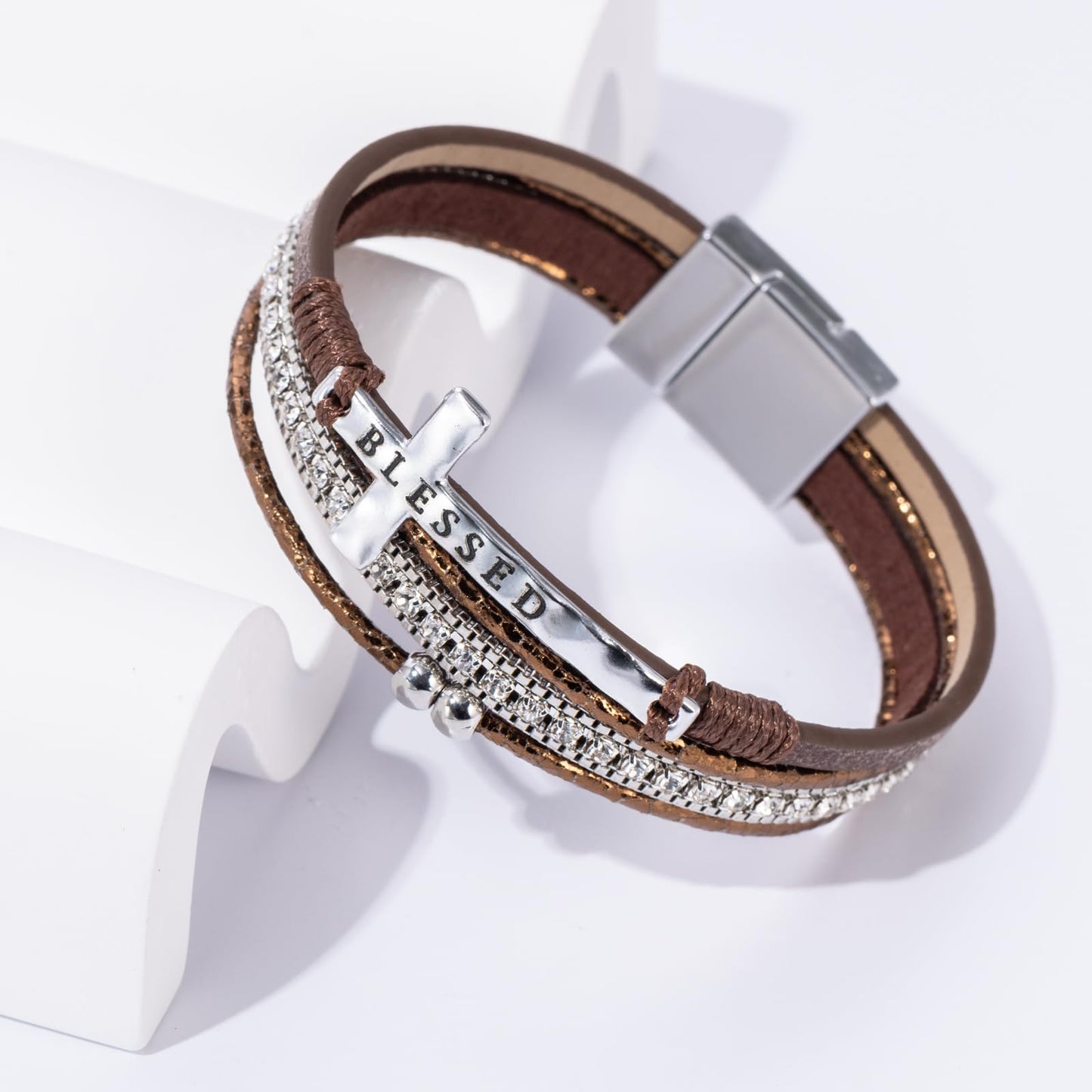 Becklynn Boho Leather Wrap Bracelets Beaded Crystal Stackable Cuff Bracelet with Magnetic Clasp Cowboy Cowgirl County Concert Outfits Western Jewelry Gifts for Women(Cross Brown)