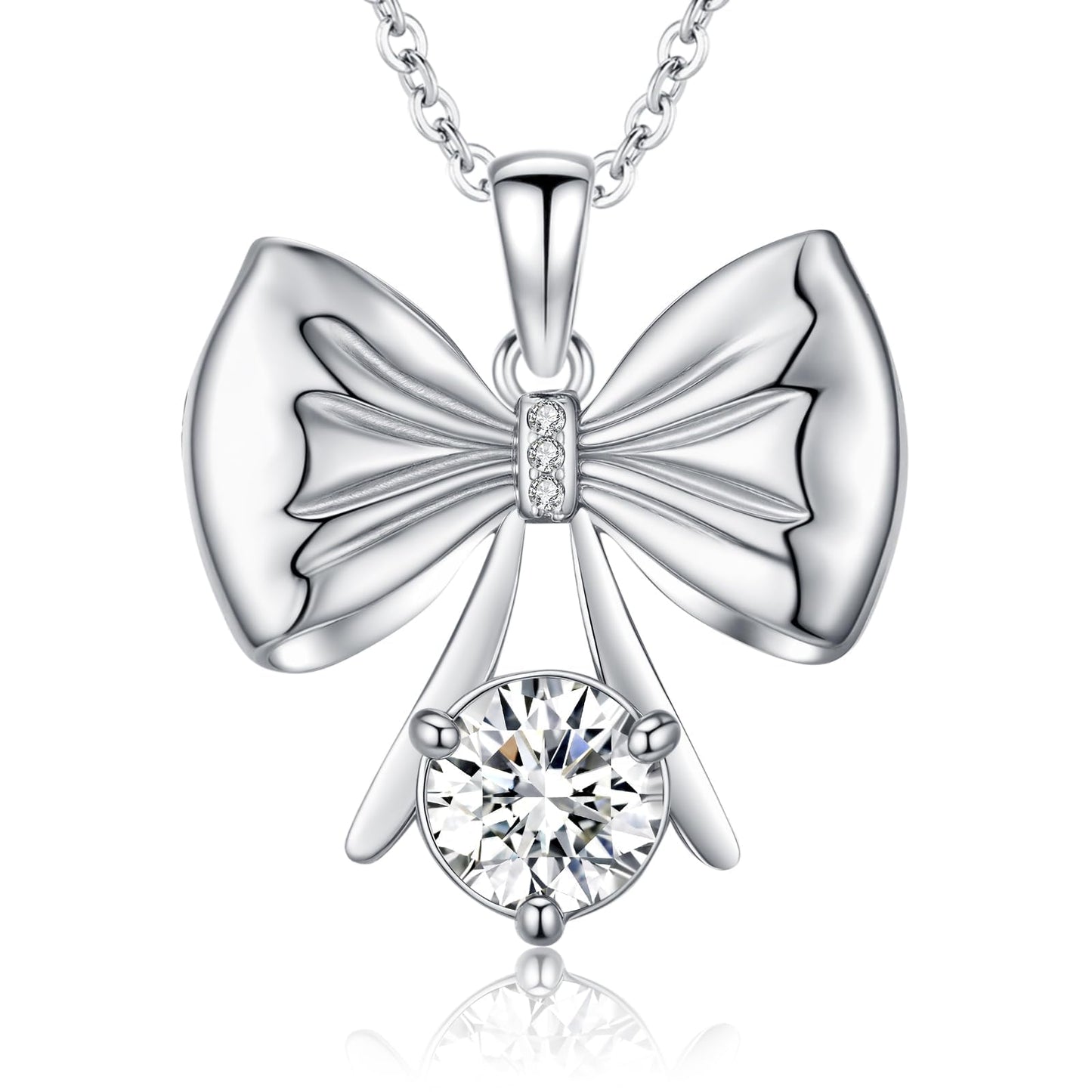 2 Carat Moissanite Necklace 925 Sterling Silver Jewelry AAAAA Cubic Zirconia Ribbon Bow Pendant Necklace Best Gifts for Mom Women Girlfriend Grandma Friend Lover Her Wedding Birthday Anniversary