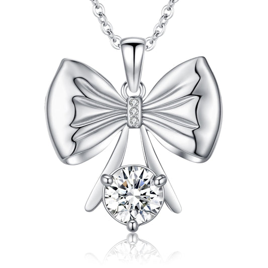 2 Carat Moissanite Necklace 925 Sterling Silver Jewelry AAAAA Cubic Zirconia Ribbon Bow Pendant Necklace Best Gifts for Mom Women Girlfriend Grandma Friend Lover Her Wedding Birthday Anniversary