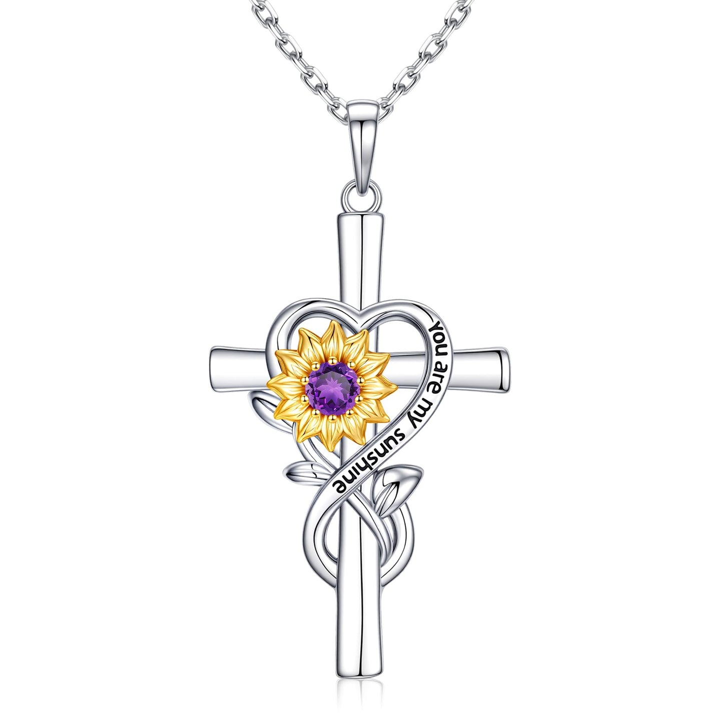 Iefil Valentines Necklace for Her - Jewelry Gifts | February Simulated Amethyst Jewelry, Sunflower Cross Necklace