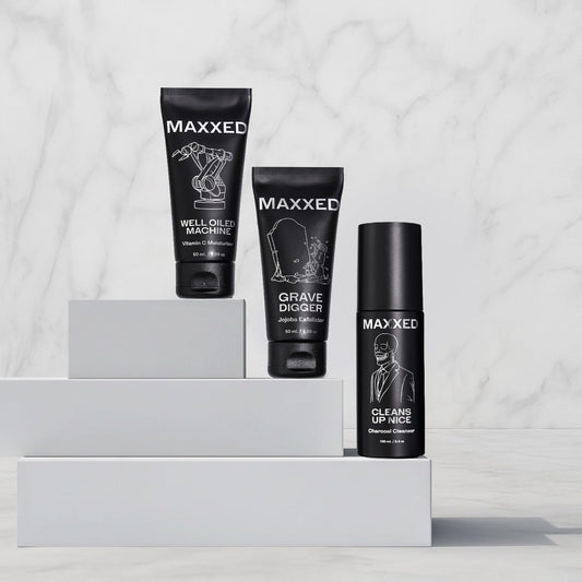 MAXXED Acne Essentials Skincare Kit - Charcoal Face Wash, Vitamin C Moisturizer and Jojoba Face Scrub for Oily Skin, Breakouts, Razor Bumps, Dullness - Daily Skin Care Routine Set of 3