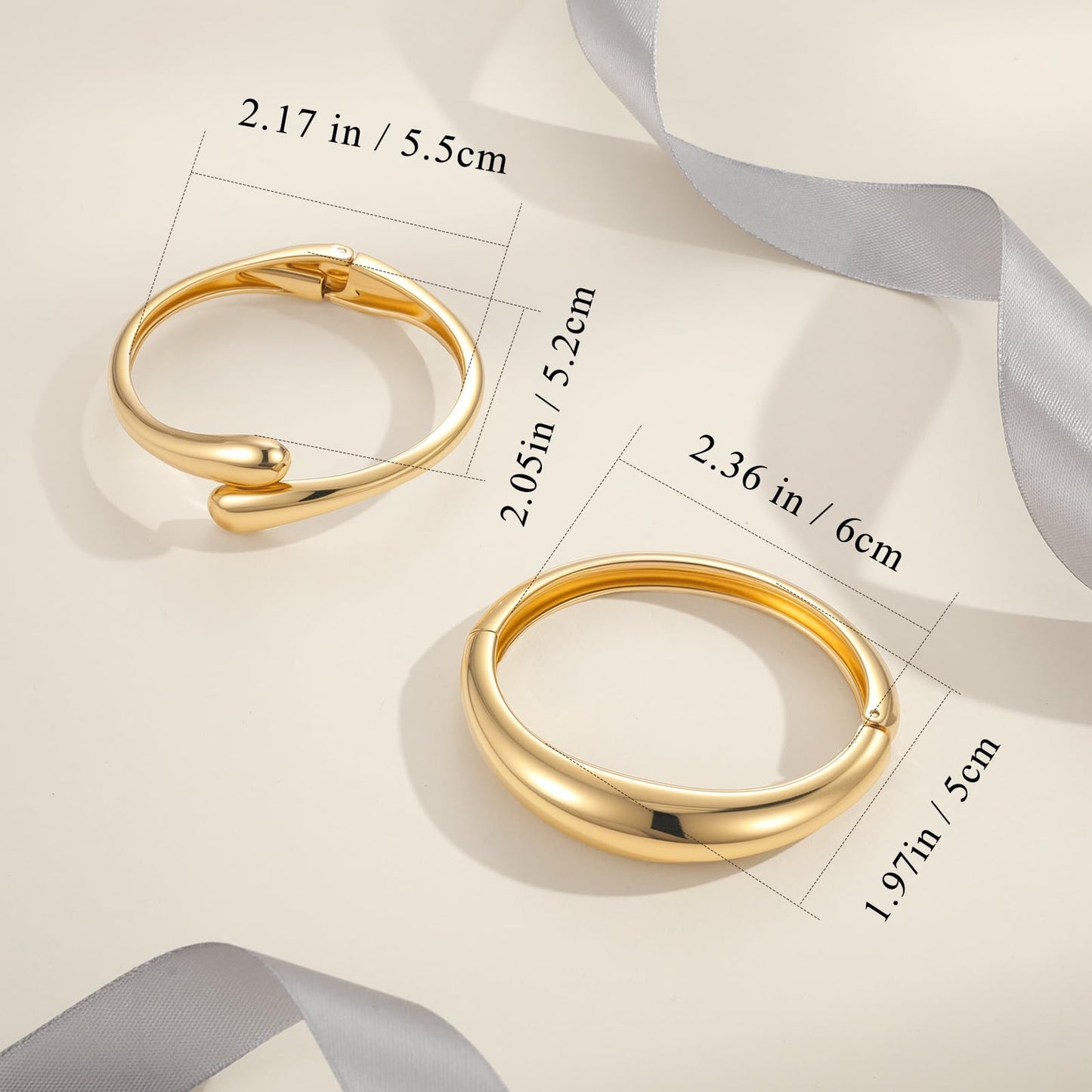 Yowivon Gold Bangles for Women, 2PCS Thin Teardrop and Wave Gold Bracelet Set, Hinged Bangle Bracelets Stack for Women, Non Tarnish Wrist Cuff, Trendy Jewelry Gifts for Christmas Valentine Birthday