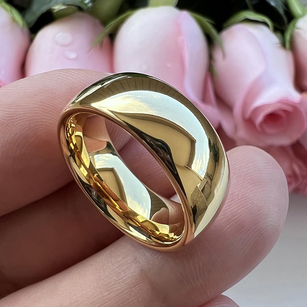 TUTISS 8mm Gold Tungsten Rings for Men Women Engagement Wedding Bands Domed Polished Comfort Fit Size 14