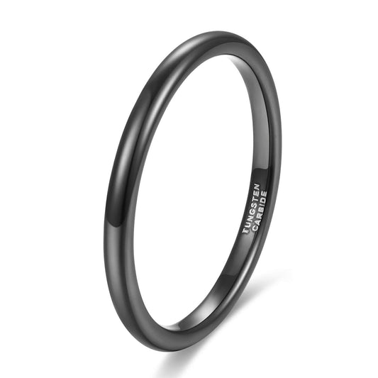 2mm Thin Black Tungsten Ring Wedding Band for Men Women High Polished Dome Plain Comfort Fit Size 12