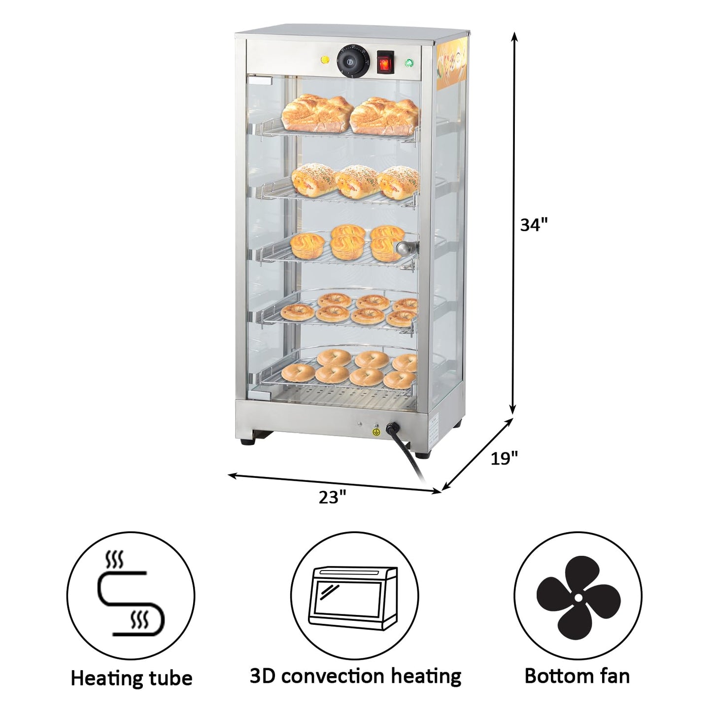 GarveeHome 5 Tiers Commercial Food Warmer Display, 14 in 800W Electric Countertop Pizza Warmer with 3 Color Lighting, Temp Knob, Removable Shelves, Pastry WarmerCase for Buffet Restaurant