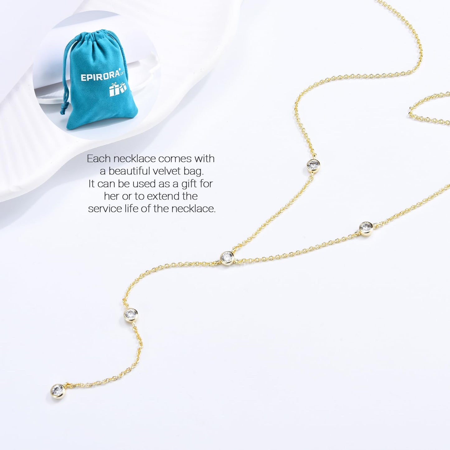 EPIRORA Y-Shaped Lariat Necklace for Women, Dainty Long Layered CZ Teardrop Pendant Necklace 14K Gold Plated Adjustable Chain Trendy Jewelry Gifts for Women