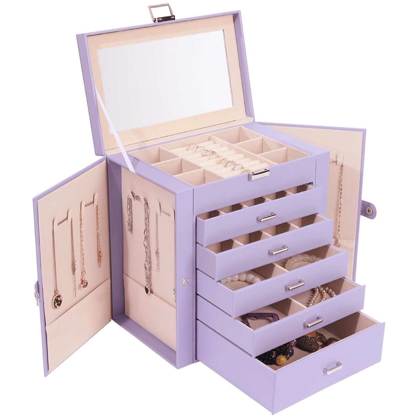 ASINGYER Jewelry Box for Women, 6 Layer Large Jewelry Holder Organizer with 5 Drawers for Jewelry Storage, Big Jewelry Box for Womens’ Christmas Gift (lavender)