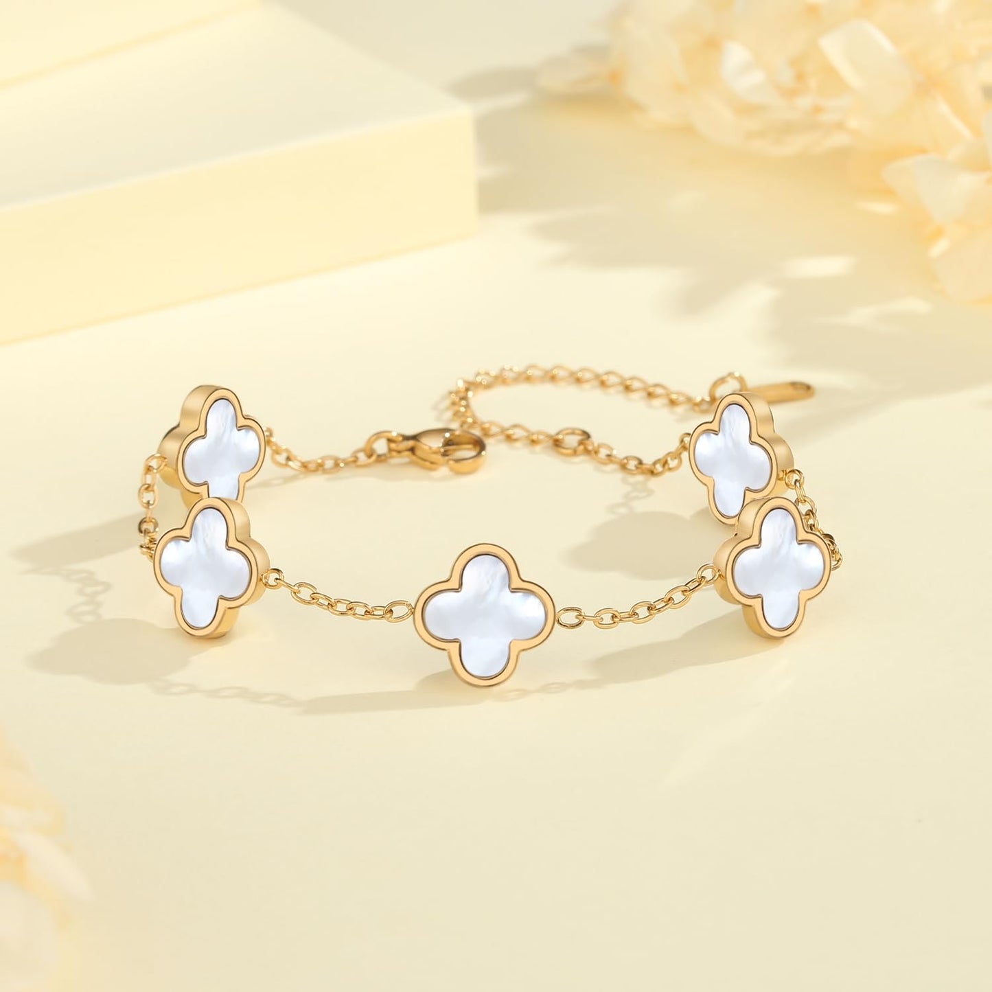 CORSMGSE 18K Gold Plated Clover Lucky Bracelet for Women Gold White Black Pink Green Red Blue Adjustable Double Sided Flower Four Leaf Link Bracelets Trendy Jewelry Gifts for Women Men