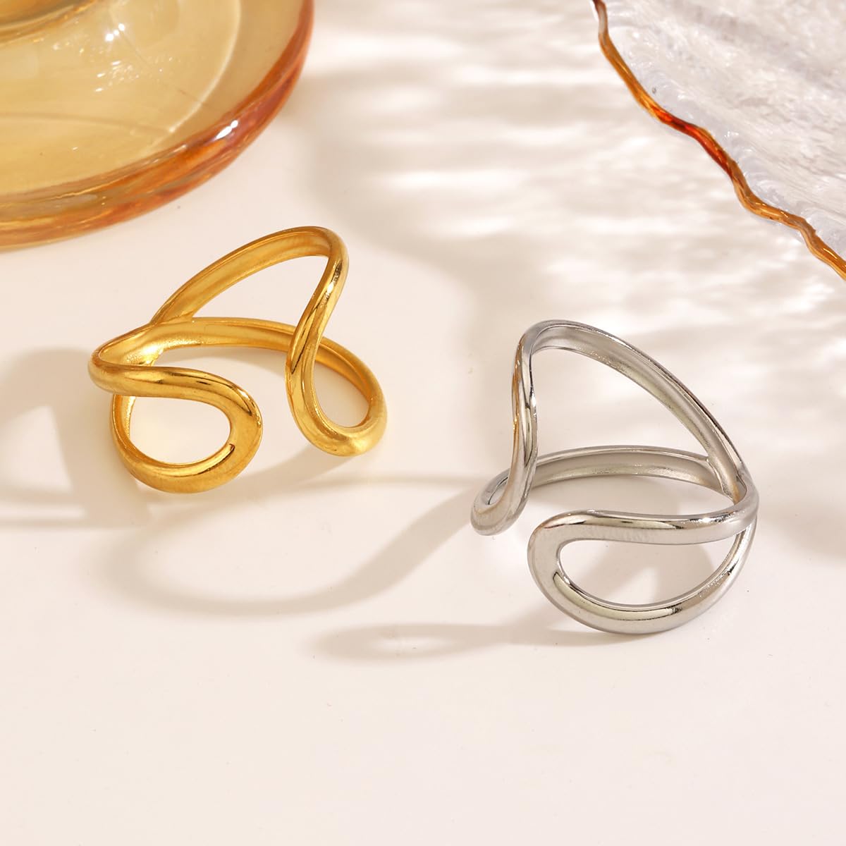 AIETUE Chunky Rings For Women, Gold Silver Thumb Ring Asymmetrical Wavy Curve Ring Adjustable Non Tarnish Dainty Stainless Steel New Year Anniversary Birthday Jewelry Gift (Voguish-Gold Gen 2)