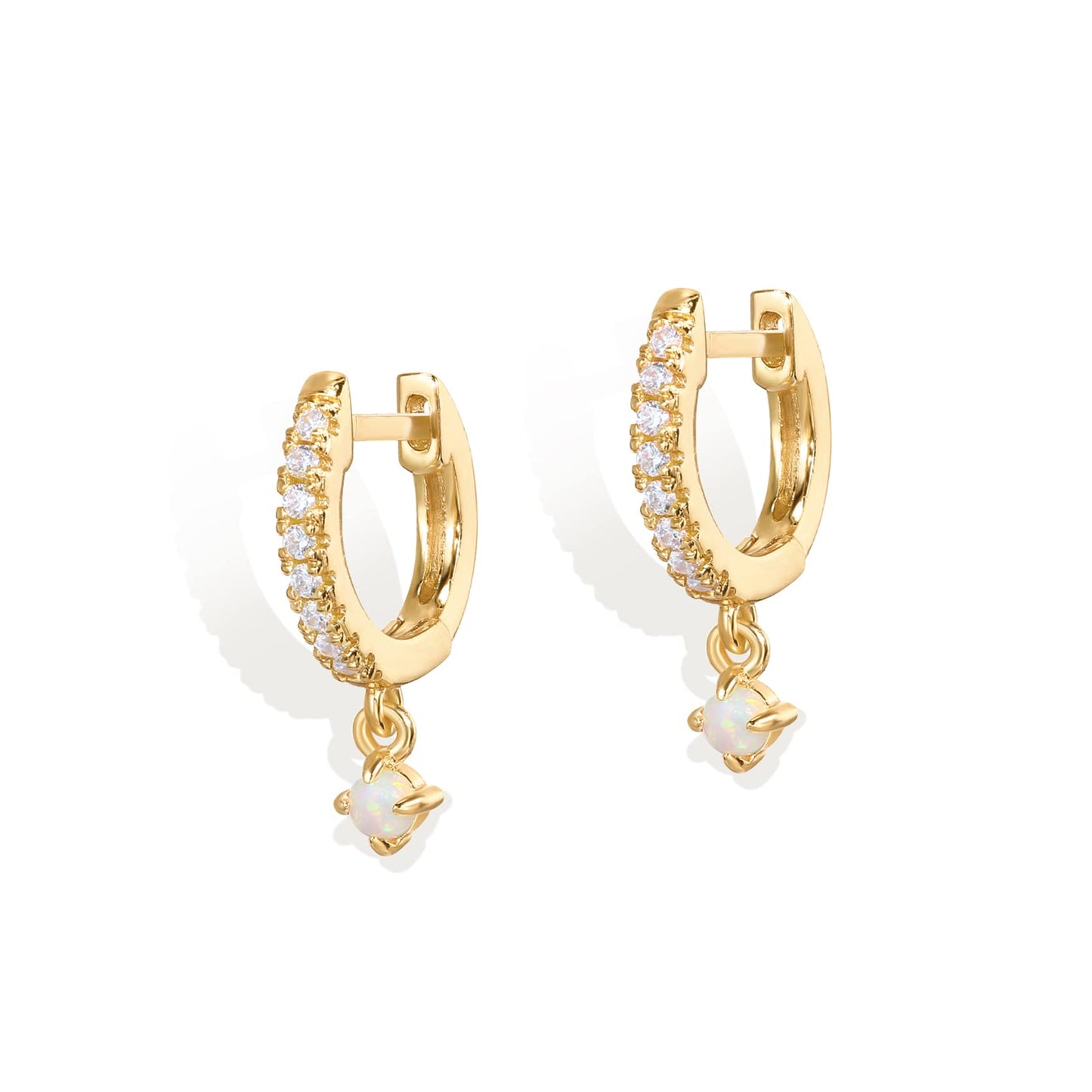 PAVOI 14K Gold Plated 925 Sterling Silver Post Huggie With Dangle | Small Gold Hinged Hoop Earrings For Women | Trendy Hoop CZ Huggie Earrings (Opal, Yellow)