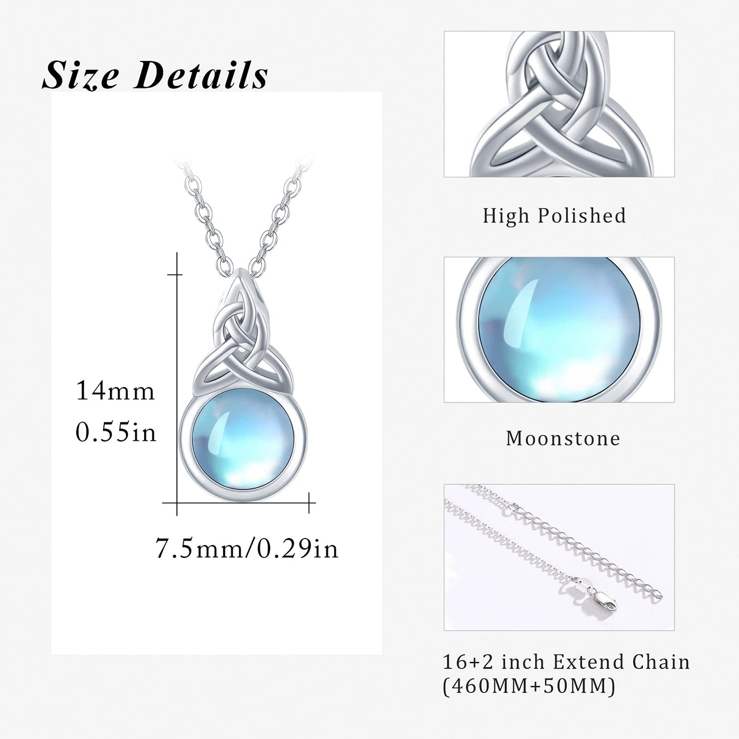 CUOKA MIRACLE Celtic Knot Moonstone Necklace for Women 925 Sterling Silver Rainbow Synthetic Moonstone Jewelry Chain 16-18 Inches Birthday Christmas Necklace Gift for Women