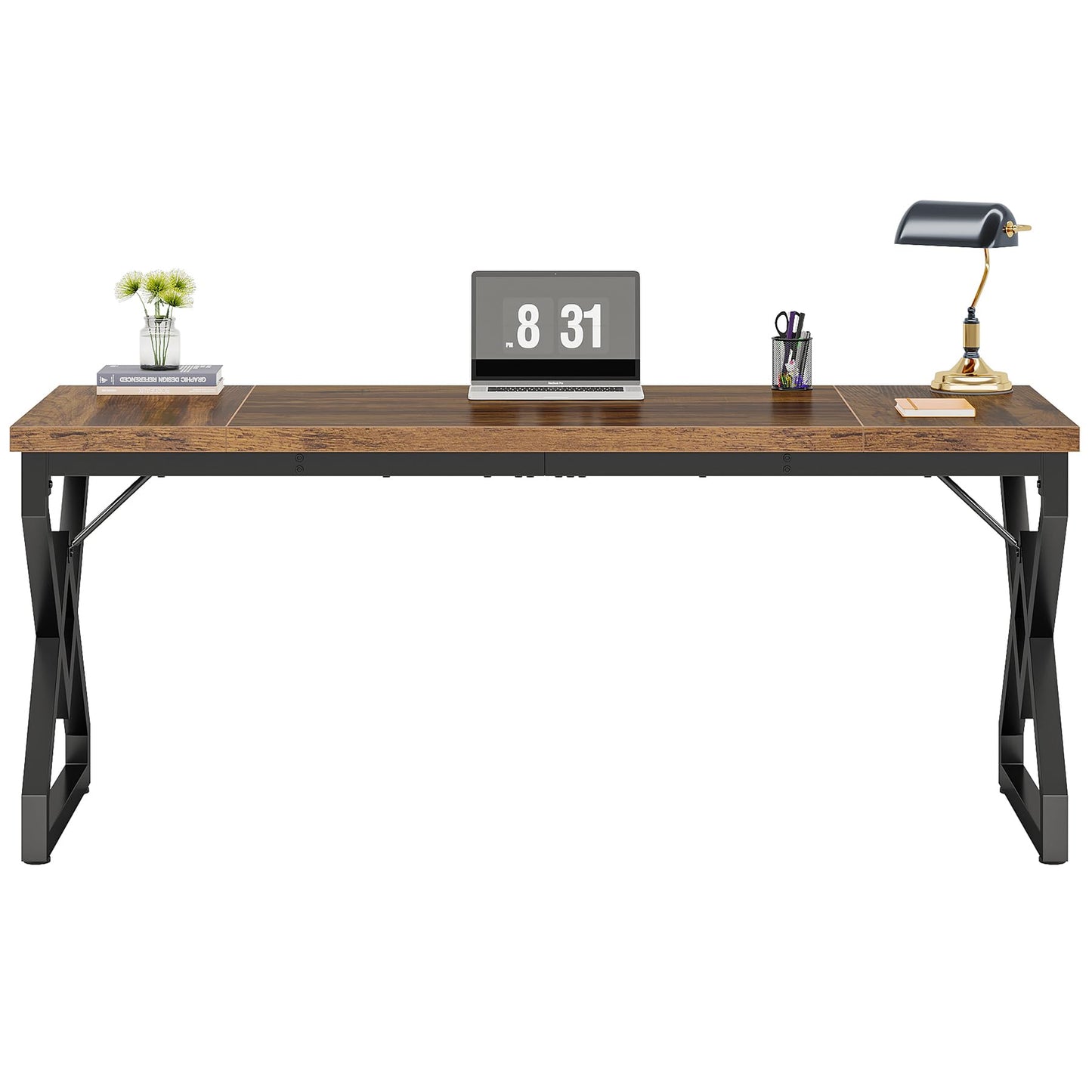 Tribesigns 63-inch Executive Desk, Large Office Computer Desk with Extra Thick Wooden Tabletop and Metal Frame, Modern Simple Workstation Writing Table Study Desk for Home Office, Vintage Brown