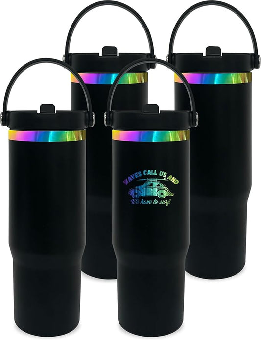30 oz Tumbler Bulk with Handle and Straw, Vacuum Insulated Tumblers with Flip Straw and Top Handle, Leakproof Powder Coated Tumbler, Stainless Steel Travel Mug for Coffee Water (Black, 4 Pack)