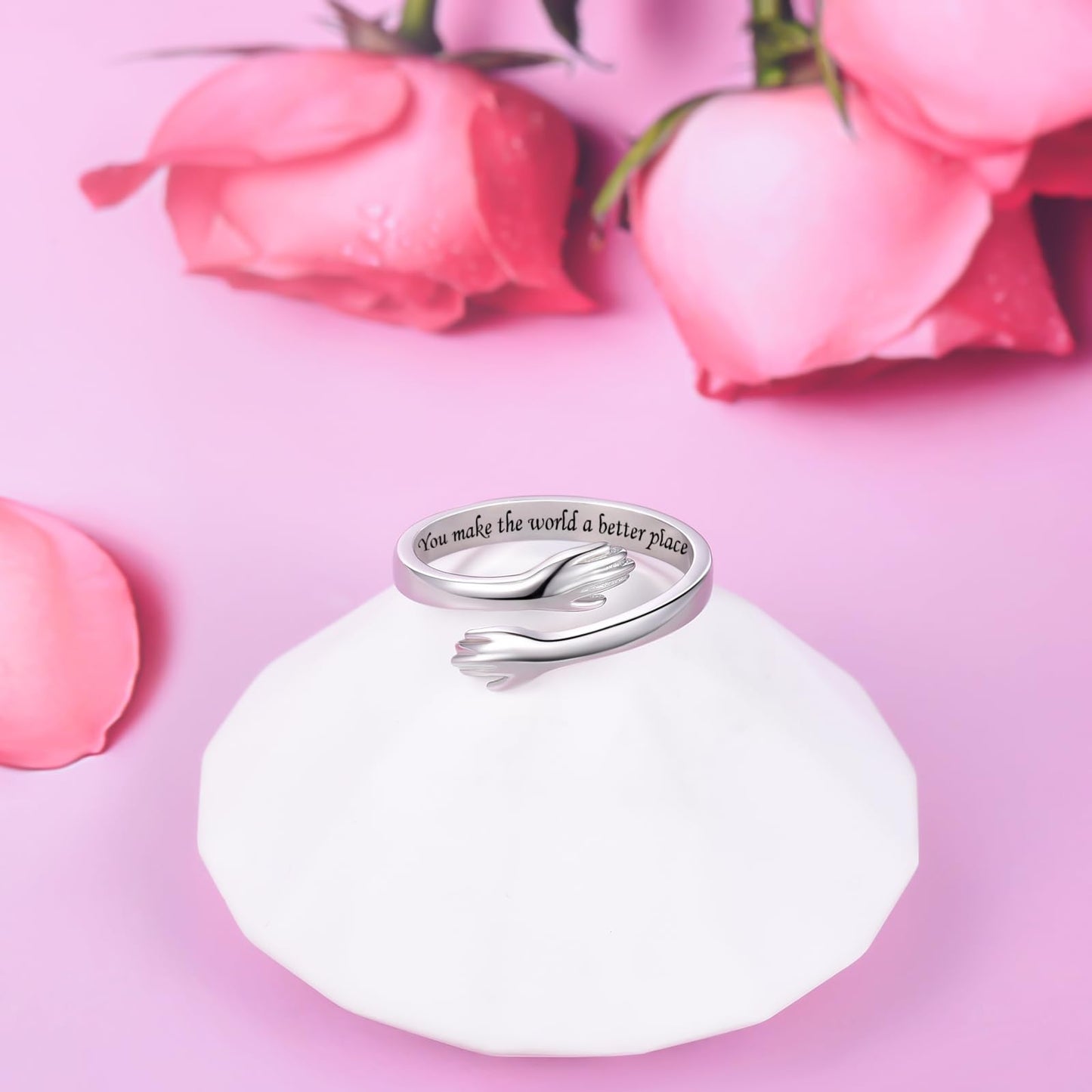 ACJFA Hug Rings for Women Sterling Silver Adjustable Ring for Women Daughter Hand Ring Jewelry for Birthday Gifts Holiday Gift for Teen(You make the world a better place)