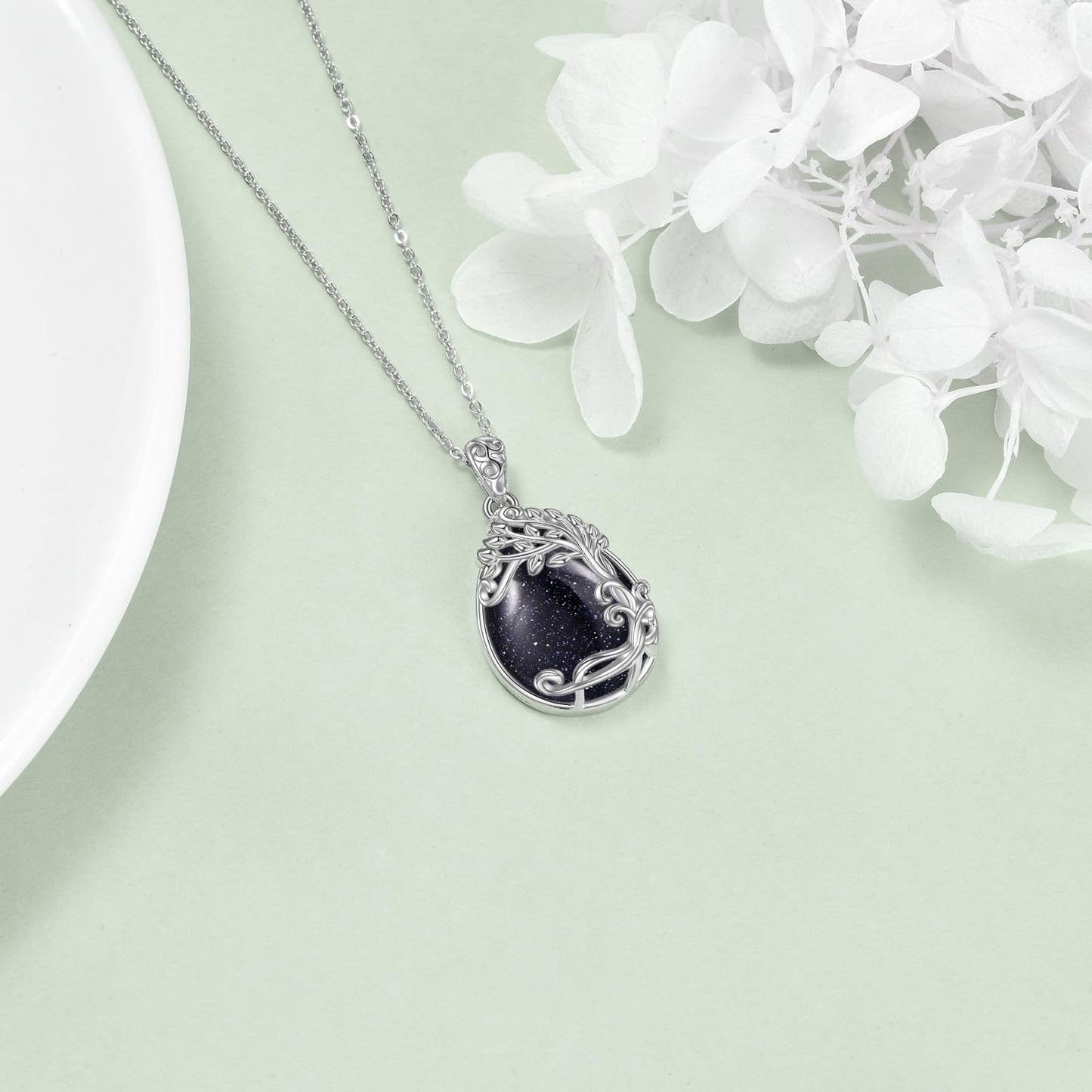 YAFEINI 925 Sterling Silver Blue Sandstone Necklace Tree of Life Teardrop Pendant Necklace Jewelry for Women (II-Tree of Life Blue Sandstone Necklace)