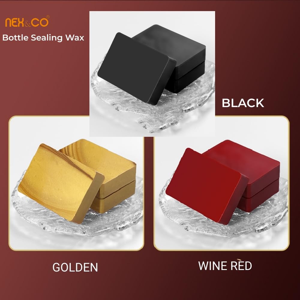 NEX&CO Bottle Sealing Wax Blocks - Resilient and Versatile Bottling Wax for Wine, Beer, and Liquor Bottle Sealing - 4 Black Nuggets 0.5lb with Teflon Tape - Seals 40-80 Bottles