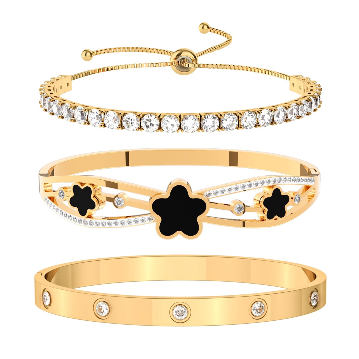 PCY Gold Bracelets For Women,3PC Bangle Gold Plated Bracelets For Women,Trendy Statement Cuff Stackable Bangles Set,Fashion Jewelry for Women. (Medium, Love Gift)