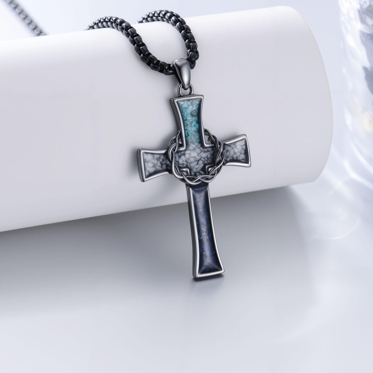 YEESIA Cross Necklace for Women Men, 925 Sterling Silver, Black Thorn Crown Cross Pendant Necklace with Turquoise, Christian Jewelry, Gift for Women Men