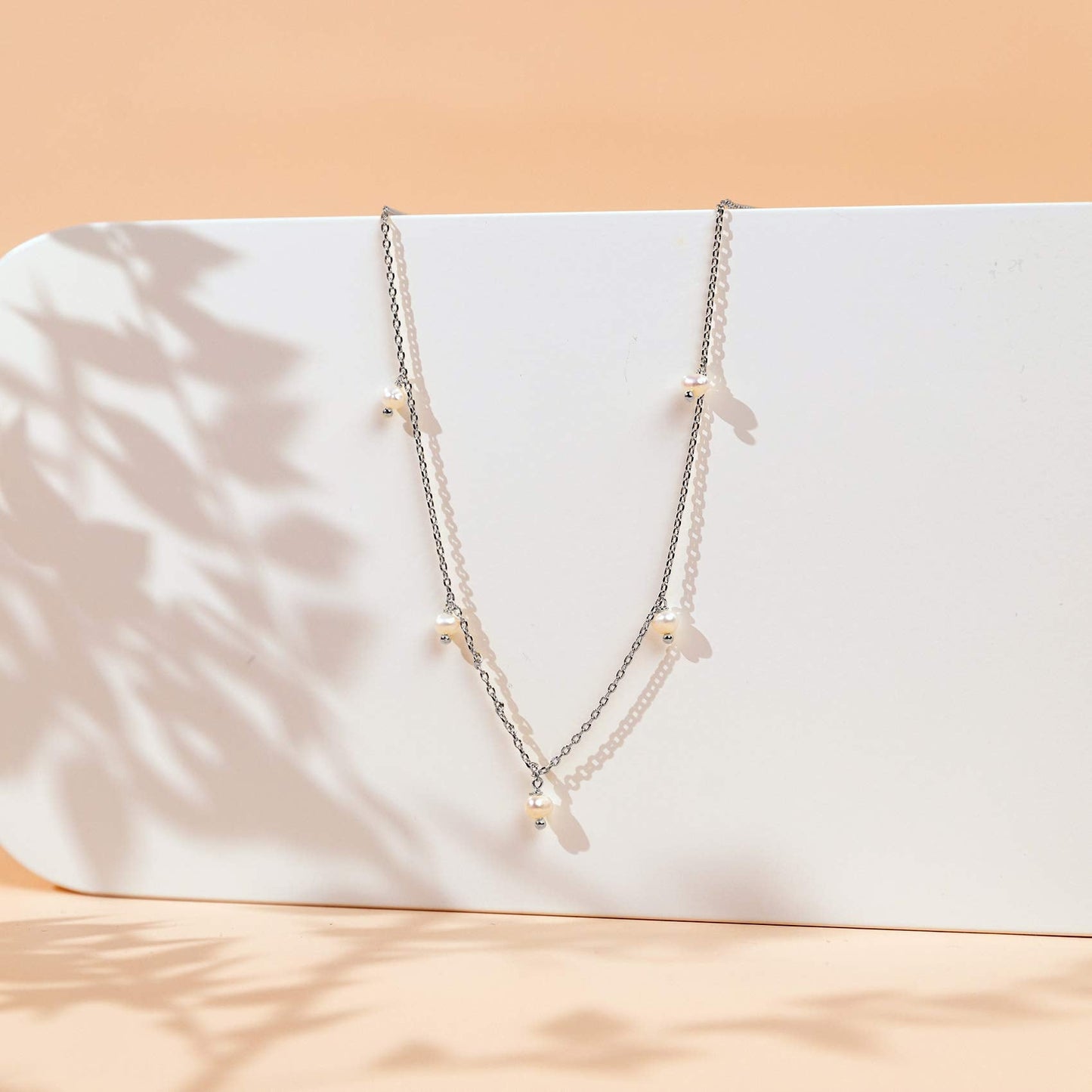 PAVOI Rhodium Plated Chain Necklace for Women | 925 Sterling Silver Chain with 3x3mm Polished Shell Pearls