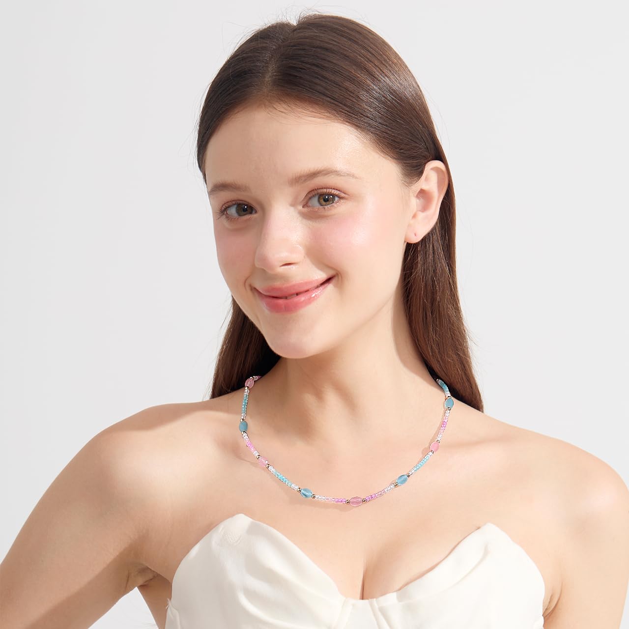 Gmissbabicoo Healing Crystal Necklace for Women Spiritual Zircon Beads Handmade Gemstone with 18k Golden Plated Blue Pink Crystals Stones Beaded Adjustable Necklaces with Jewelry Box