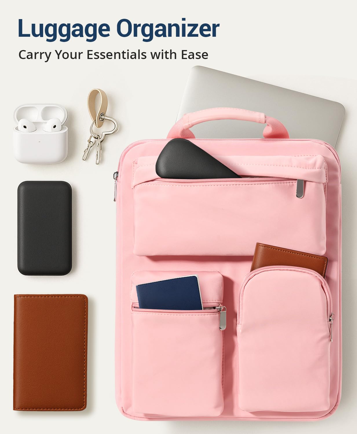 MIAOJIE Over Luggage Organizer Bag for Suitcase with Multi Pockets, 16” Laptop Bag with Handle,Portable Travel Organizer Bags for Luggage with Adjustable Straps,Tote Carry Bag for Women Men(Pink)
